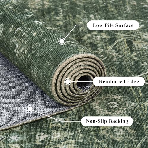 4ft Round Washable Area Rugs for Living Room, Vintage Boho Large Rug for Bedroom Dining Room Office, Distressed Floral Print Carpet for Under Table, Soft Non Slip Low Pile Throw Indoor Mat, Green - color: Dark Green, size: 4' (Round)