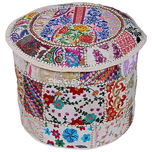 Indian Footstool Cotton Bohemian Decor Round Stool White Patchwork Embroidered Ottoman Pouf Cover Floral Tuffet Chair 45 cm Floor Cushion Ethnic Bean Bag Living Room - color: White