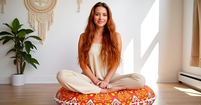 Large Round seat Floor Cushion Chair Ottoman Cover Pouf Pillow Meditation Floor Cushions for Adults Seating pouffe Ottoman Throw Covers Craft Room Furniture for Sitting Cover 22 Inches (Orange)