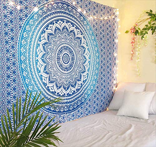 ANJANIYA Ombre Wall Hanging Bohemian Tapestry, Metallic Wall Art Bedspread, Psychedelic Hippie Mandala Dorm Décor for Hanging, Bedding, Beach Coverlet Curtain, Blue, 54"X60" - color: Blue, size: 60"L x 54"W