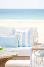 Hofdeco Premium Coastal Hampton Style Patio Indoor Outdoor Lumbar Pillow Cover Only, 12"x20" Water Resistant for Backyard, Couch, Solid Baby Blue White Fringe