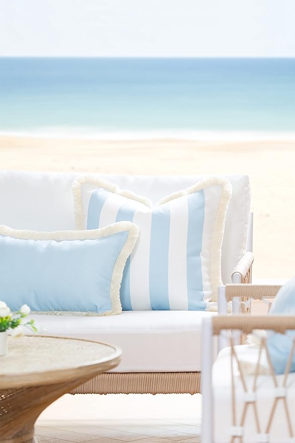 Hofdeco Premium Coastal Hampton Style Patio Indoor Outdoor Lumbar Pillow Cover Only, 12"x20" Water Resistant for Backyard, Couch, Solid Baby Blue Fringe