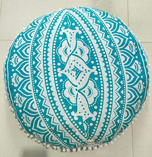 CRAFT KALA Mandala Floor Pillow Cushion Cover Seating Throw Cover Hippie Decorative Bohemian Ottoman Poufs Pom Pom Pillow Cases Boho Indian Cotton Living Room Yoga Home Décor (24" Round, Green Ombre) - color: Green Ombre, size: 24" x 24" (Pack of 1)