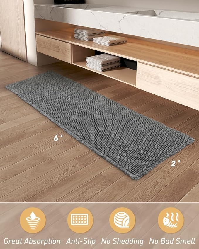 Upgraded Waffle Runner Rug, Super Absorbent Non Slip Bath Mats for Bathroom Floor, Washable Bathroom Runner Rug with Tassels, Ideal for Hallway Bedroom Laundry Room, Dark Grey, 2'x 6'(24" x 72")