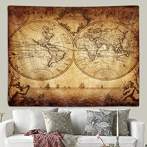 Old World Map Tapestry for Bedroom, Vintage Nautical Maps of the World Art Tapestries Wall Hanging for College Dorm Living Room Office Decor 60X40", Brown Pirate Treasure Map Poster Blanket - color: Map-1, size: 40"L x 60"W