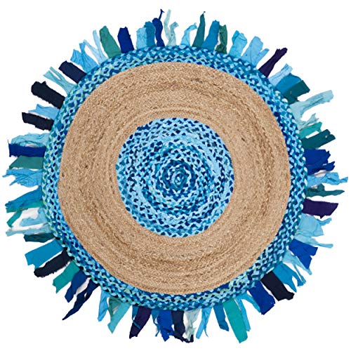 SAFAVIEH Cape Cod Collection 3' Round Turquoise / Natural CAP701K Handmade Boho Fringe Jute & Cotton Area Rug - color: Turquoise/Natural, size: 3' (Round)