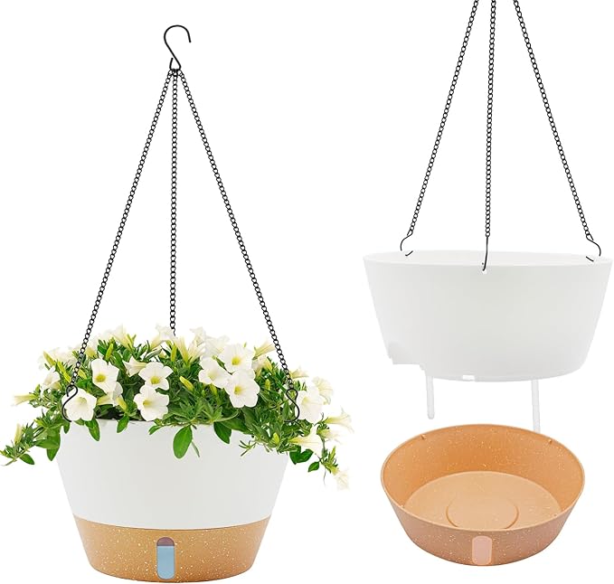ZMTECH 2 Pack 12 Inch Hanging Planters for Indoor Plants, Large White Self Watering Hanging Planter with Visible Water Level Window & Removable Tray, Modern Flower Pots for Outdoor Patio