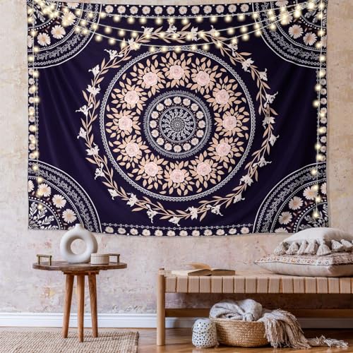 FLY SPRAY Mandala Tapestry Aesthetic,Boho Tapestries Wall Hanging,Dark Rose Floral Medallion Tapestrys,Bohemian Wall Art Hippie Decor for Bedroom Living Room Ceiling - color: Boho Tapestry-Navy Blue, size: 60"L x 52"W