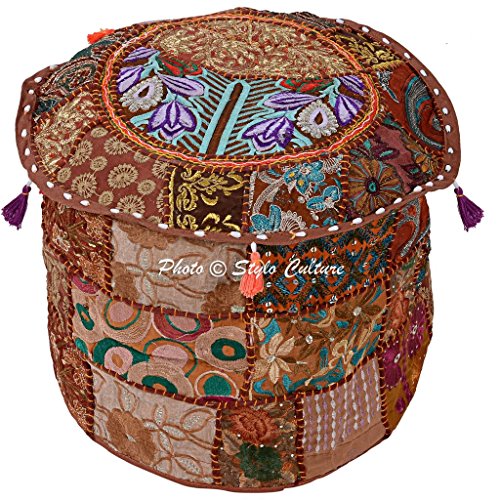 Bohemian Footstool Vintage Fabric Patchwork 18" Embroidered Ottoman Stool Pouf Cover Brown Floral Furniture Living Room Case Bean Bag Decor - color: Dark Brown