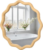 FUIN 20" Round Rattan Wall Mirror, Scalloped Wavy Wicker Frame – Handwoven Natural Boho Decor for Bathroom Vanity, Nursery & Entryway – Distortion-Free Glass