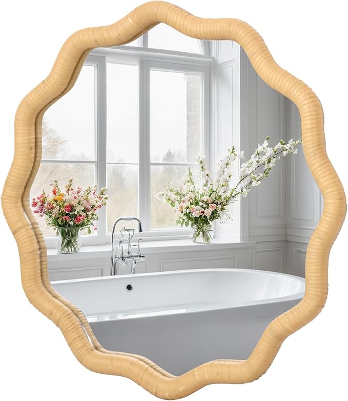 FUIN 20" Round Rattan Wall Mirror, Scalloped Wavy Wicker Frame – Handwoven Natural Boho Decor for Bathroom Vanity, Nursery & Entryway – Distortion-Free Glass