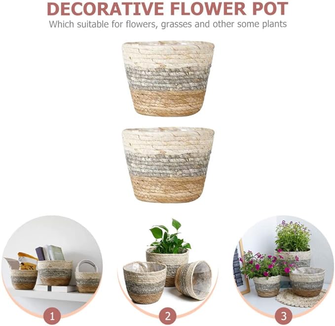 Operitacx Handmade Sea Grass Plant Basket 2 Pack Decorative Flower Holder Baskets for Home