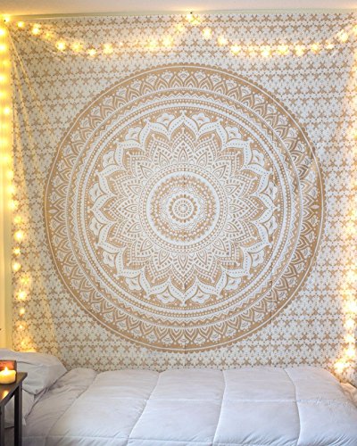 THE ART BOX Gold Mandala Tapestry – Boho Wall Hanging for Bedroom Aesthetic, Indie Hippie Room Decor – White & Gold Trippy Mandala Wall Art – 55x82 Inches - color: Gold and White, size: 55"L x 82"W