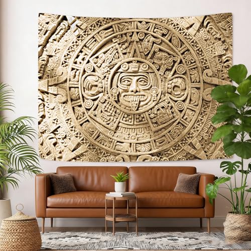 SHRAPHY Aztec Mayan Tapestry, Ancient Civilization History Calendar View Blanket Wall Hanging, Mandala Home Decor Art for Bedroom Living Room Dorm Office 80x60Inches