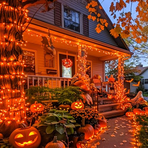 JMEXSUSS 600 LED Orange Solar Halloween Lights, 206.7 ft Solar String Lights Outdoor Waterproof, 8 Modes Orange String Light for Outside Tree Patio Bushes Halloween Decorations - color: Orange, size: 600LED*1