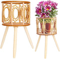 Boho Rattan Plant Stand Indoor Outdoor - 2 Rattan Wicker Planter Shelf for Multiple Plants, Mid Century Modern Wooden Flower Pot Holder with Stand, Farmhouse Home Decor for Living Room