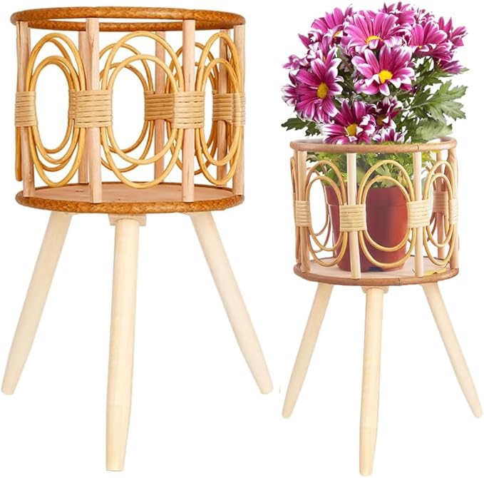 Boho Rattan Plant Stand Indoor Outdoor - 2 Rattan Wicker Planter Shelf for Multiple Plants, Mid Century Modern Wooden Flower Pot Holder with Stand, Farmhouse Home Decor for Living Room