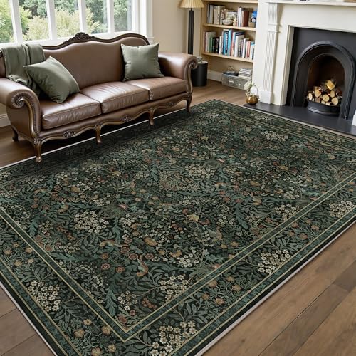 6x9 Floral Washable Area Rug for Living Room, Vintage Boho Large Rug for Bedroom Dining Room， Distressed Botanical Birds Non Slip Low Pile Forest Animal Throw Carpet for Farmhouse Office, Dark Green - color: Dark Green, size: 6' x 9' (Rectangular)