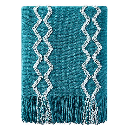 BOURINA Fluffy Chenille Knitted Fringe Throw Blanket Lightweight Soft Cozy for Bed Sofa Chair Throw Blankets Teal 60" x 80" - color: A-teal, size: 60"×80"