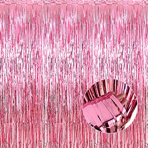 4 Pack Pink Foil Fringe Curtain Backdrop, 3.28Ft x 8.2Ft Metallic Tinsel Foil Fringe Streamer Curtains for Photo Booth Props, Birthday, Wedding, Valentine's Day Decoration Party Supplies - color: Pink