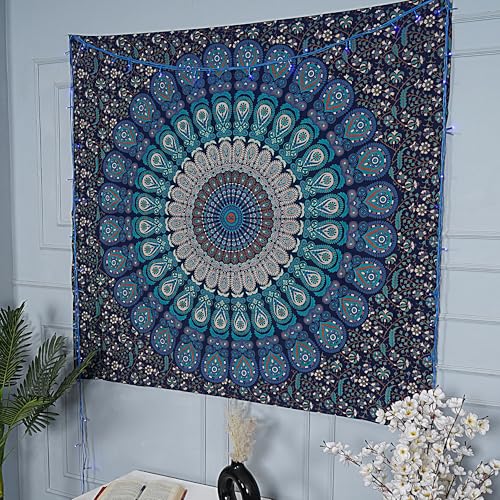 FURNISHFUL FINESSE Handmade Cotton Peacock Mandala Tapestry - Navy Blue & Green Ombre Boho Wall Decor, Bohemian Hippie Room Hanging for Bedroom & Living Room - 30x40 Inches - color: Navy Blue, size: 40"L x 30"W