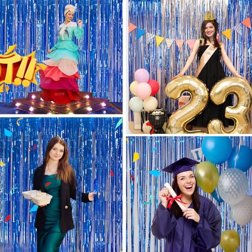 Blue Streamers Party Decorations 3.3x8.2ft, 2 Pack Dark Blue Tinsel Backdrop for Ocean Themed Party Decor, Glitter Blue Foil Fringe Curtains for Door Decorations Hanging Birthday Baby Shower Halloween - color: Blue