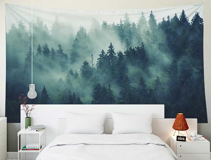 EMMTEEY Forest Tapestry Wall Art 60x40 - Misty Pine Mountain Scenery, Durable Nature Tapestry for Bedroom & Living Room Decor, Outdoor Green Tree Tapestries