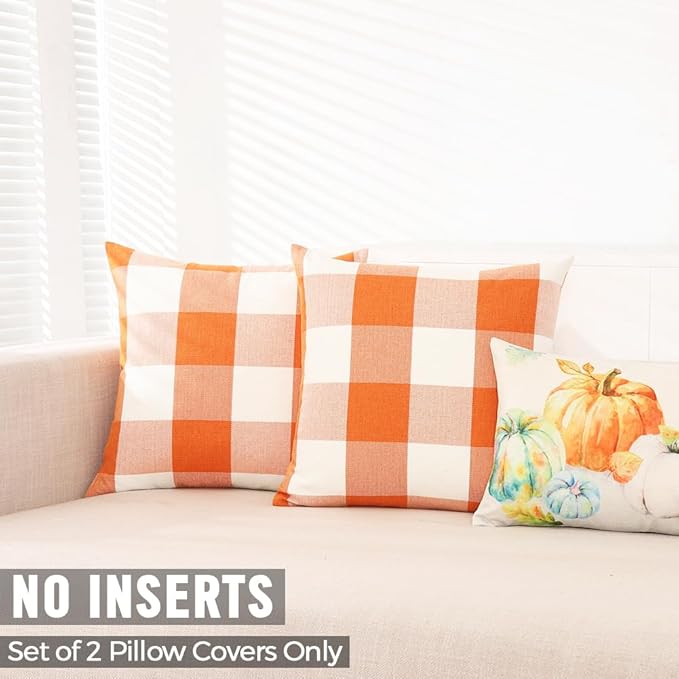CARRIE HOME Orange Decorative Couch Pillows Farmouse Buffalo Plaid Fall Pillow Covers 18x18 Set of 2 Fall Outdoor Decor Linen Throw Pillows 18 x 18 for Sofa Porch Patio and Yard
