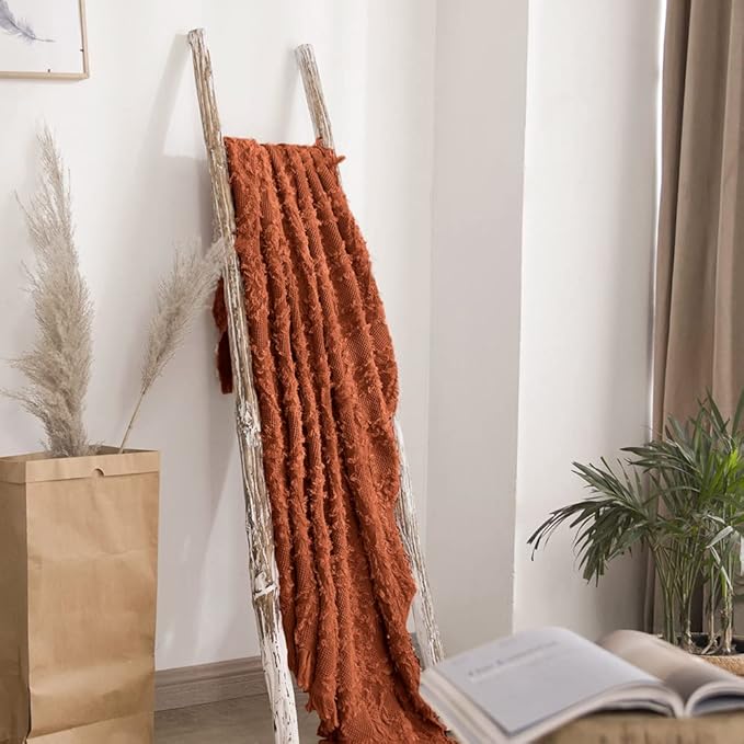 Simple&Opulence Cotton Throw Blanket for Bed, Couch, Boho Textured Geometric Knit Woven Blanket with Tassels Soft, Lightweight Breathable Shabby Chic Farmhouse Decoration for All-Season(Rust Orange)
