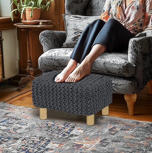 COTTON CRAFT Braided Footrest - Handknitted Dori Foot Stool with Sturdy Wood Legs – Handmade Boho Leg Rest - Small Spaces Under Desk Living Room Entryway Low Footstool Pouf - 16.5x12x9.5 - Grey - color: Cotton - Grey