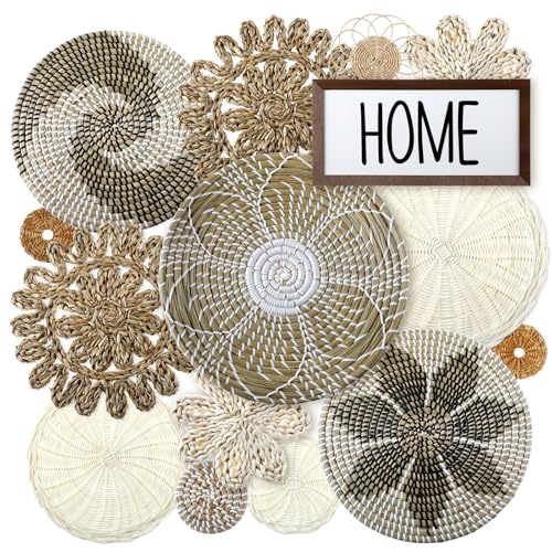 Xuhal 15 Pcs Boho Wall Basket Decor Handcrafted Seagrass Woven Wall Basket Rustic Round Woven Hanging Art for Home Farmhouse Kitchen Table Living Room(Elegant Style) - style: Elegant Style