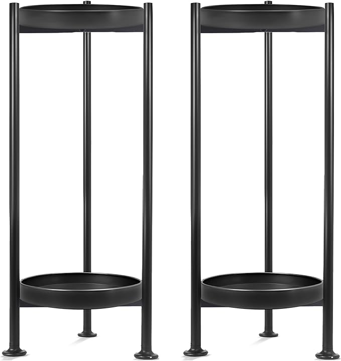 2-Pack Plant Stand Indoor Outdoor, 2 Tier Iron Plant Stand, 30'' Tall Pedestal Stand Outdoor, Metal Flower Stands for Indoor Plants, Balcony, Living Room (Black)