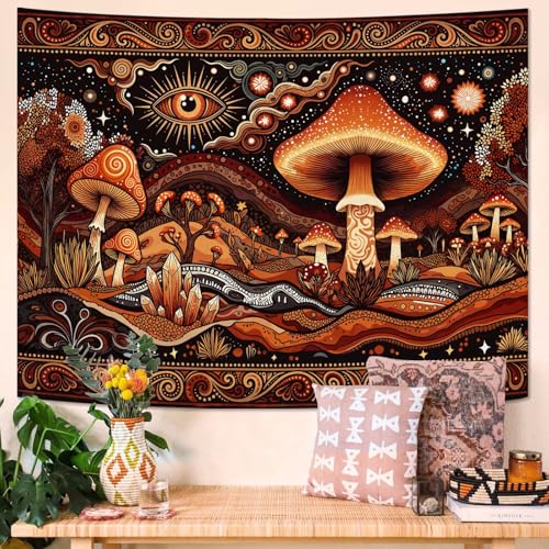 Accnicc Hippie Mushroom Tapestry Orange Red Abstract Mountain Wall Tapestry for Bedroom Aesthetic Bohemian Art Vintage Star Eye Small Tapestries Wall Hanging for Dorm Living Room Decor 60 × 44 Inch - color: Orange, size: 60"L x 44"W