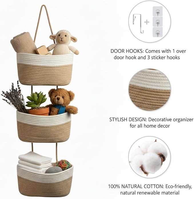 Hanging Wall Basket, Over the Door Hanging Basket with Hooks, 3-Tier Cotton Hanging Basket for Organizing, Decorative Boho Chic Decor for Wall, Bedroom, Living Room, Nursery, Whte & Jute