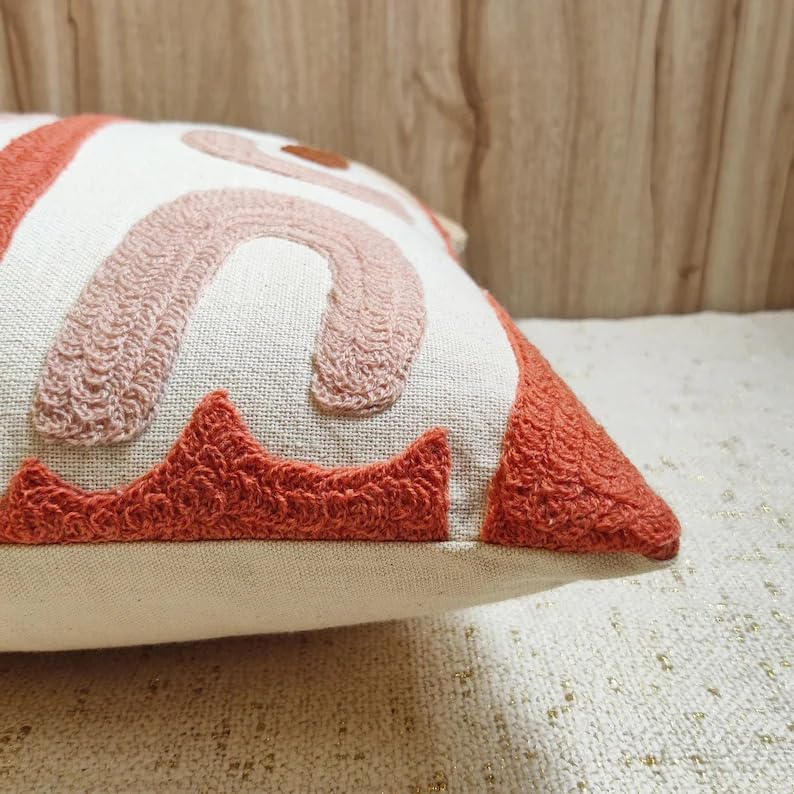Boho Abstract Tufted Throw Pillow Cover, Neutral Terracotta Blush Pink Beige Embroidery Cushion Cover, Modern Abstract Art Decorative Pillowcase for Sofa Couch Living Room Bedroom, 18x18 Inch (Pillow