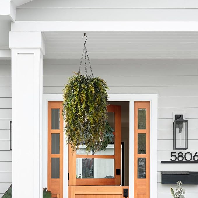Artificial Faux Hanging Plants Basket for Spring Outdoor Decoration, Fake Seaweed Plant UV Resistant Look Real for Outside Porch Home Patio Balcony Yard(Brownish Green)