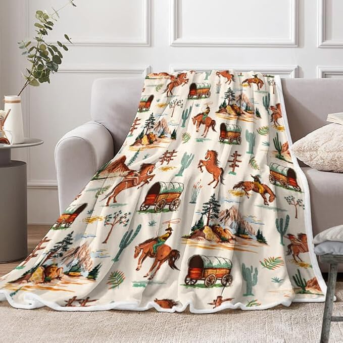Western Cowboy Blankets, Vintage Western Cowboy Throw Blankets, Soft, Flannel, Warm, West Cowboy Ride Horse Flannel Throw Blanket Rustic Cowboy Bed Blankets–All Seasons 60X90 Inch