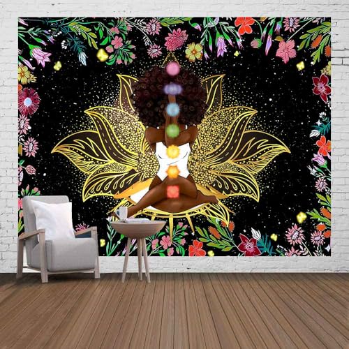 Ine Ive African Chakra Tapestry African American Woman Zen Meditation Tapestries 93x71 Inch Starry Sky Flower Garden Inspirational Afro Yoga Wall Poster for Bedroom Dorm Decor - size: 93"L x 71"W