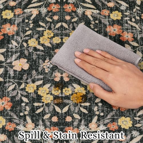Area Rug for Living Room Ultra Thin Washable Floral Area Rug Non-Slip Boho Flower Carpet - Soft Indoor Throw Rug for Girls Room, Nursery, Playroom - color: Black, size: 8' x 10'