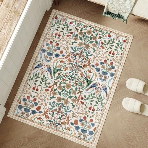 2x3 Washable Area Rug for Entryway Beige Floral Vintage Non Slip Low Pile Thin Rug Soft Lightweight Stain Resistance Doormat Living Room Kitchen Bathroom Laundry Room Home Decor - color: Floral | Beige, size: 2'x3'