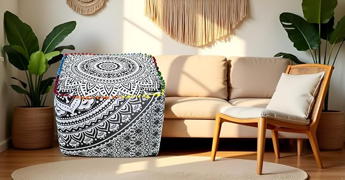 CRAFT KALA Large Hippie Mandala Meditation Floor Ottoman Pillow Cushion Pouf Cover Square Poufs Cover Bohemian Floor Cushion Case Outdoor Fireplace Yoga Living Room Decor 20X20X14 inches, Grey Ombre
