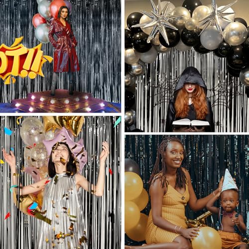 Black Tinsel Foil Fringe Curtains 3.3 x 8.2 ft, Black Fringe Backdrop for Streamers Party Decorations, Glitter Photo Backdrop for Door Decorations Hanging Birthday Bachelorette Halloween (2 Pack) - color: Black