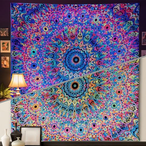 PRRPRR Blacklight Mandala Tapestry for Bedroom, UV Reactive Trippy Wal Tapestries, Bohemian Aesthetic Wall Art Decor for Adults Teens and Hippies (Mandala, 90"x70") - color: Mandala Tapestry Purple, size: 90"L x 70"W