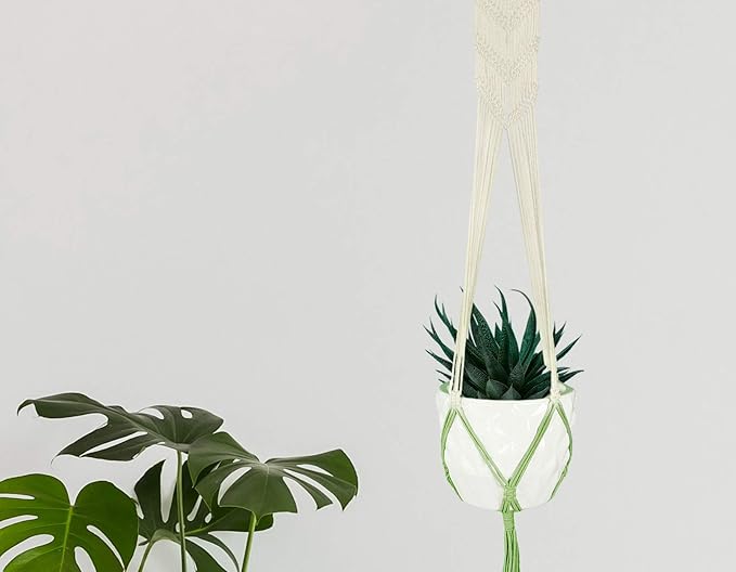 LIVALAYA Macrame Plant Hangers Wall Planter - Green Ombre 48 Inch, for Indoor or Outdoor, 100% Cotton Rope Hanging Plant Holder with Tassel for Flower Pots and Succulents Modern Boho Home Décor