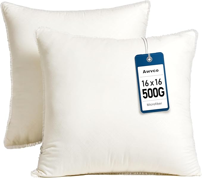 16 x 16 Throw Pillow Inserts - Soft and Plush, Virgin Fiber Filling, Decorative Pillows for Couch Sofa Bed, Machine Washable - White, Pack of 2