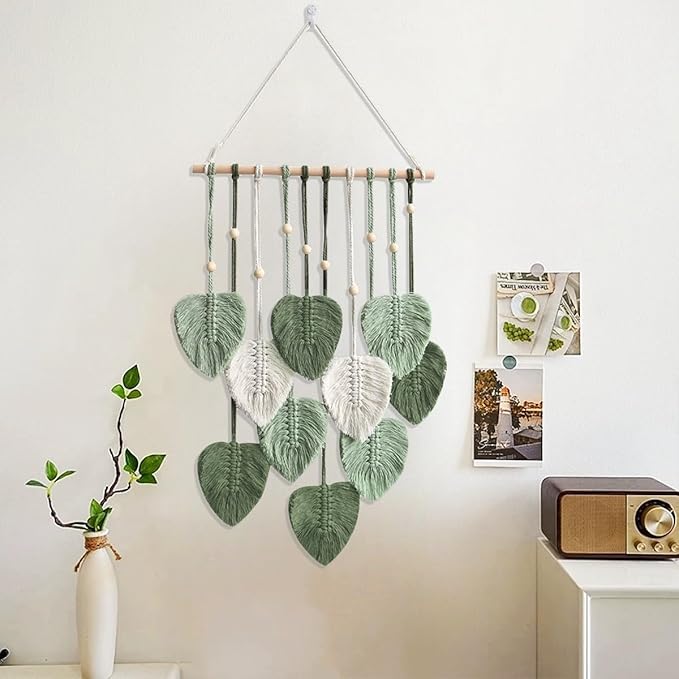 Avoik Macrame Wall Hanging Boho Woven Tapestry Handmade Home Wall Decor Bohemian Leaf Modern Chic Wall Art Green Feather Decorations for Living Room Bedroom Apartment Nursery Farmhouse Backdrop