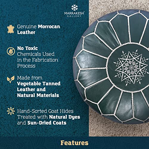 Marrakesh Gallery Genuine Leather Round Pouf Unstuffed - Moroccan Ottoman Footstool, Footrest Cover - Boho Decor - Bohemian Living Room, Bedroom, Kids Room, Gift & Wedding - color: Dark Green