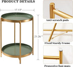 TeoKJ 2 Tier Gold Side Table, Folding Round Metal End Table Small Nightstand with Two Removable Tray for Bedroom Living Room Bedside Small Spaces Gold + Dark Green