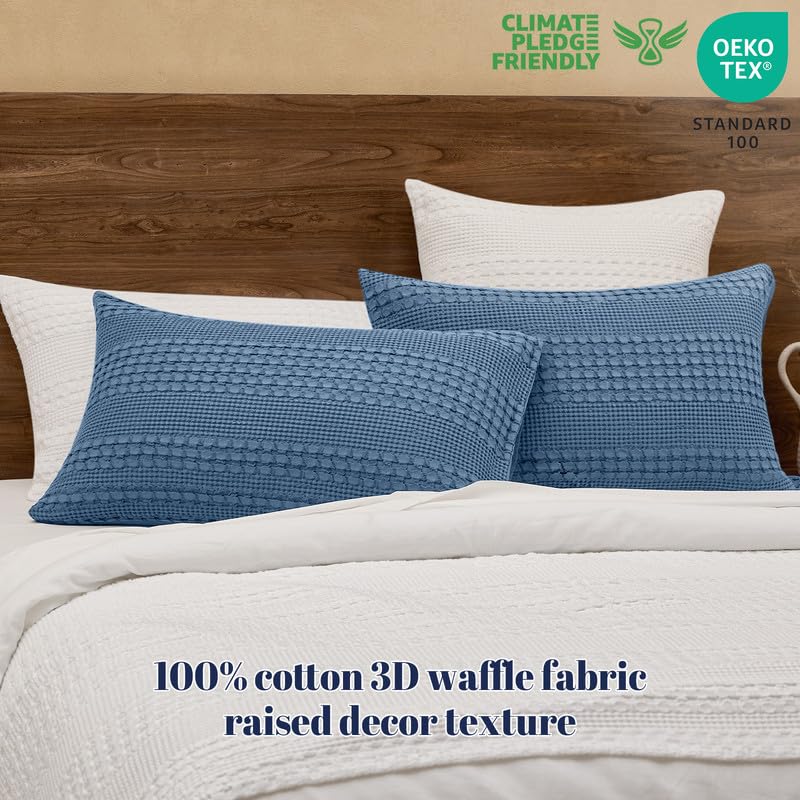 PHF 100% Cotton Waffle Pillow Shams Standard Size, 2 Pack 20" x 26" Soft Skin-Friendly Pillowcases, No Filling, Aesthetic Woven and Breathable Waffle Weave Pillow Case Covers for Bed, Denim Blue - color: Denim Blue, size: 26" x 20" (Pack of 2)