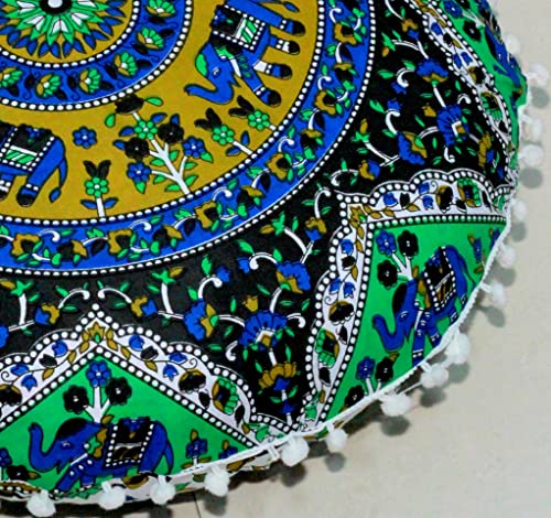 Round Mandala Floor Pillow Cover Seating Cushion Throw Cover Ottoman Pouf Cover Pom Pom Pillow Cases Hippie Decorative Bohemian Boho Indian 22 Inches (Green Blue) - color: Green Blue